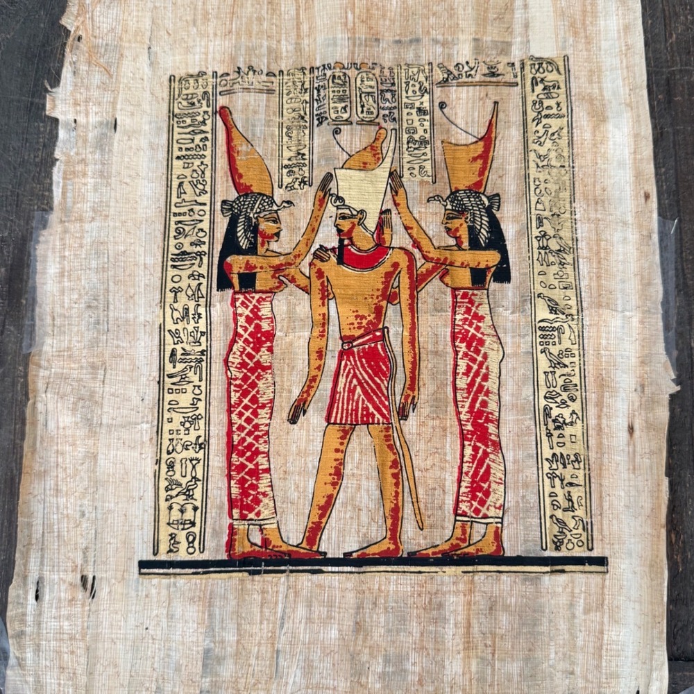 Vintage Egyptian Papyrus Art Pharaoh Coronation Hieroglyphics Red Gold 16x12